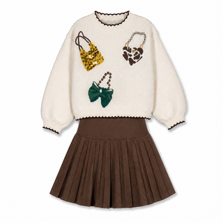 Mayoral - Girls Cream Handbag Jumper & Pleated Skirt Set
