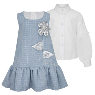 Blue tweed style dress with a silver floral and leaf designs and a white shirt on a white background