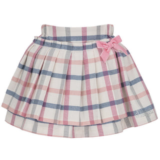 Daga check skirt with a pink velvet bow on the side it features Daga logo in embellish  