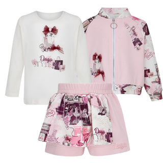 Children's clothing set by Daga with jacket, long sleeve white shirt, and pink shorts on a white background