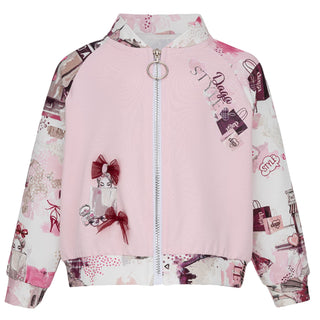 Pink jacket with patterned sleeves on a white background