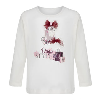 White long-sleeve shirt with graphic design and text on a white background