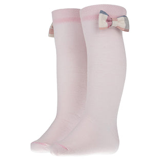 Pink knee high socks with a pink and cream check bow on the side by Daga fluffy chic collection