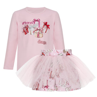 Pink long-sleeve top and tutu skirt set with decorative elements on a white background
