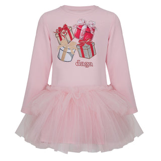 Pink dress with a tutu skirt and gift box design on a white background