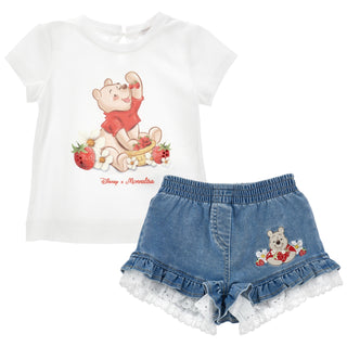 Monnalisa girls Winnie the Pooh strawberry t-shirt and denim shorts outfit set.