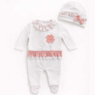 Ninnaoh - Baby Girls Coral Floral Baby Grow & Hat Set