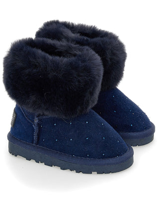 Monnalisa - Crystal Embellished Navy Fur Trim Boots