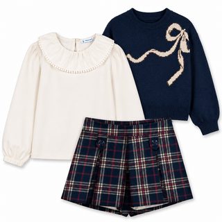 Mayoral - Girls Navy Knitted Bow Jumper, Blouse & Check Short Set