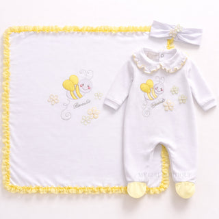 Bimbalo - Baby Girls Lemon Bee Baby Grow, Headband & Blanket Set