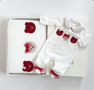 Bimbalo - Baby Girls Red & Ivory Teddy Bear Baby Grow & Blanket Set