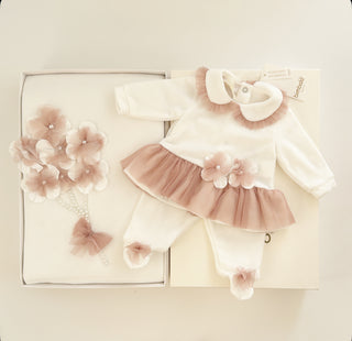 Bimbalo - Baby Girls Ivory & Pink Flower Two Piece & Blanket