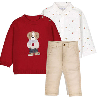 Mayoral - Boys Red Knitted Jumper, Shirt & Chino Set