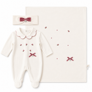 Ninnaoh - Baby Girls Cream Rose Baby Grow Three Piece Set