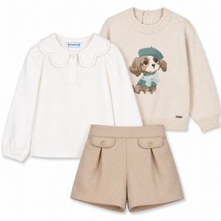 Mayoral - Baby Girls Puppy Jumper, Blouse & Beige Short Set