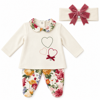 Ninnaoh - Baby Girl Cream Floral Two Piece & Headband  Set
