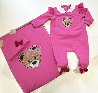 Petit Italia - FUCHSIA Embellished Teddy Baby Grow Hat & Blanket