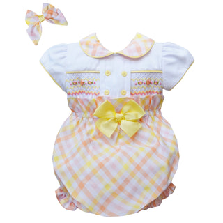 Pretty Originals - Girls Pastel Check Smocked Romper Suit