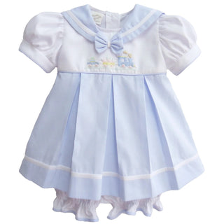 Pretty Originals - Girls White &  Blue Embroidered Trains Dress