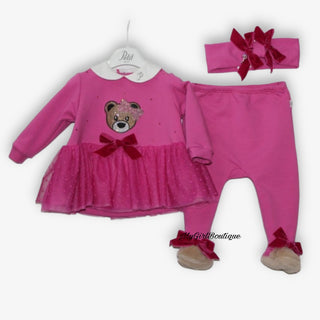 Petit Italia - FUCHSIA Embellished Teddy Two Piece With Headband