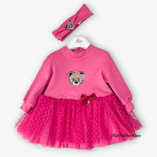 Petit Italia - FUCHSIA Embellished Teddy Dress With Headband