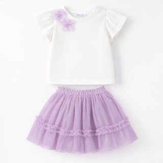 Mayoral - Girls Flower Top & Lilac Tulle Skirt Set