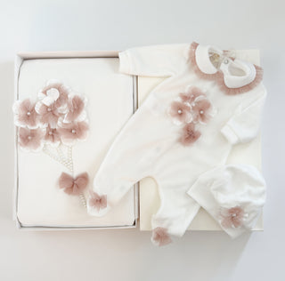 Bimbalo - Baby Girls Cream & Pink Flower Baby Grow Blanket & Hat