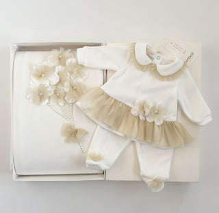 Bimbalo - Baby Girls Cream & Gold Flower Two Piece & Blanket Set