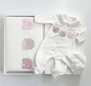 Bimbalo - Baby Girls Pink & Ivory Teddy Bear Baby Grow Hat & Blanket Set