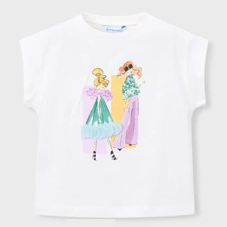 White t-shirt with colorful graphic of two women on a white background