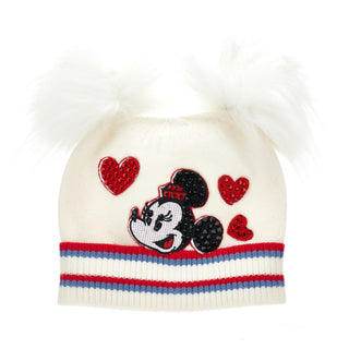 Monnalisa Minnie Mouse Cream knit hat featuring embellished Minnie on the front and two faux fur Pom Poms on the top