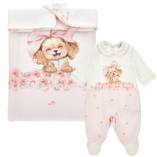 Monnalisa - Girls Pink Puppy Baby Grow & Blanket Set