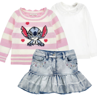 Monnalisa - Girls Stitch Denim Skirt & Jumper Set