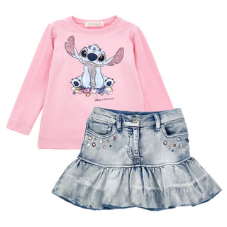 Monnalisa - Girls Stitch Top & Denim Skirt Set