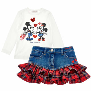 Monnalisa long sleeve cream top with embellished Minnie and Mickey print on the front it is matched with a denim skirt with tartan ruffle around the bottom 