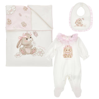 Monnalisa baby girl bunny 3 piece set including blanket, sleepsuit and bib in pink