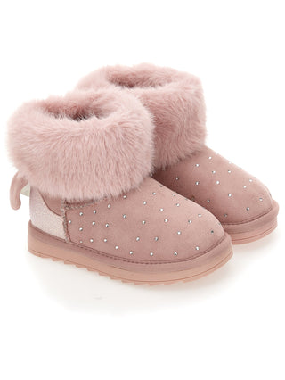 Monnalisa pink suede fur boots with embellishment on the front 