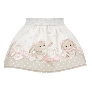 Monnalisa SS26 pink and beige bunny print skirt for baby girls.
