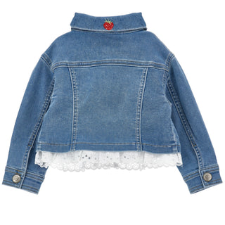 Monnalisa girls denim jacket with lace hem and strawberry embroidery back view 