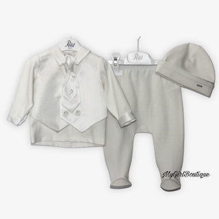 Petit white baby grow with a white satin tie design and dimante P for the logo