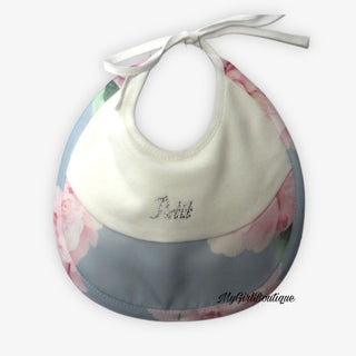 Blue girls bib with pink flowers scattered for girls made by Petit Italia