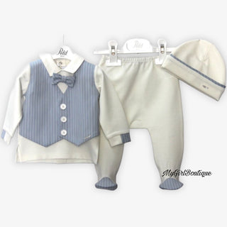 White baby grow with a blue stripe waist jacket design, white at and blue stripe feet by Petit Italia 