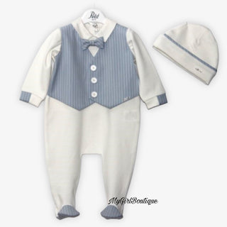 White baby grow with a stitched on waist blue stripe jacket blue stripes on the cuffs and feet matched with a white hat with blue stripe piping and a bow tie by Petit