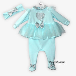 aqua two piece baby grow with crystal heart design in the middle