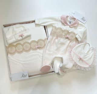 Petit Italia - Pink & Cream Baby Grow Hat Bib & Blanket Set