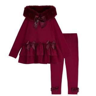A Dee girls burgundy tunic with faux fur collar and matching leggings with satin bows