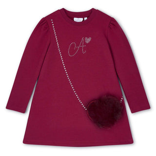 A Dee girls burgundy dress with faux fur heart bag detail and diamanté logo