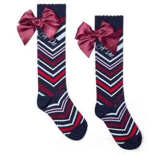A Dee Chevron Charm girls chevron print knee high socks with burgundy satin bows