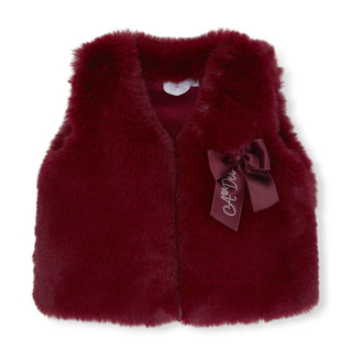 A Dee Chevron Charm girls burgundy faux fur gilet with satin bow detail