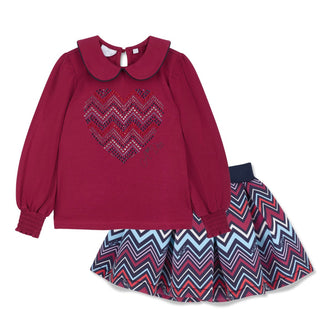 A Dee Chevron Charm girls burgundy heart top with chevron print skirt